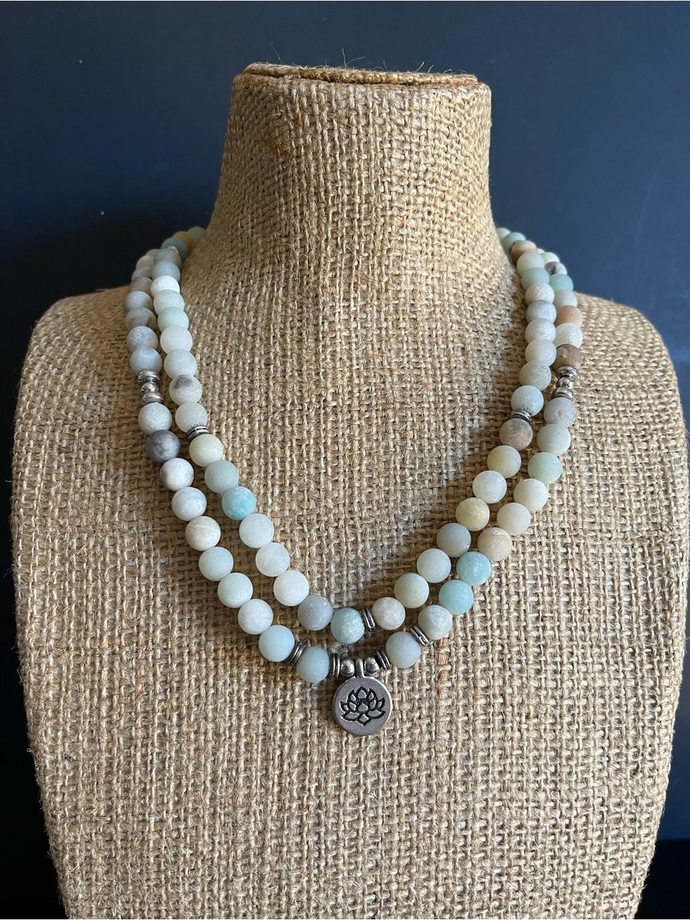108 natural matte Amazonite stretch Necklace with Lotus Charm. - Picture 2 of 7